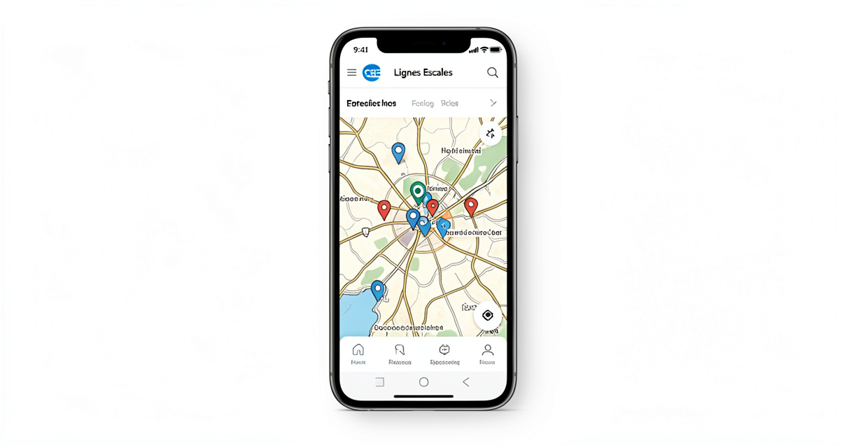 Interface de l'application CSE Lignes Escales avec carte de géolocalisation et spots