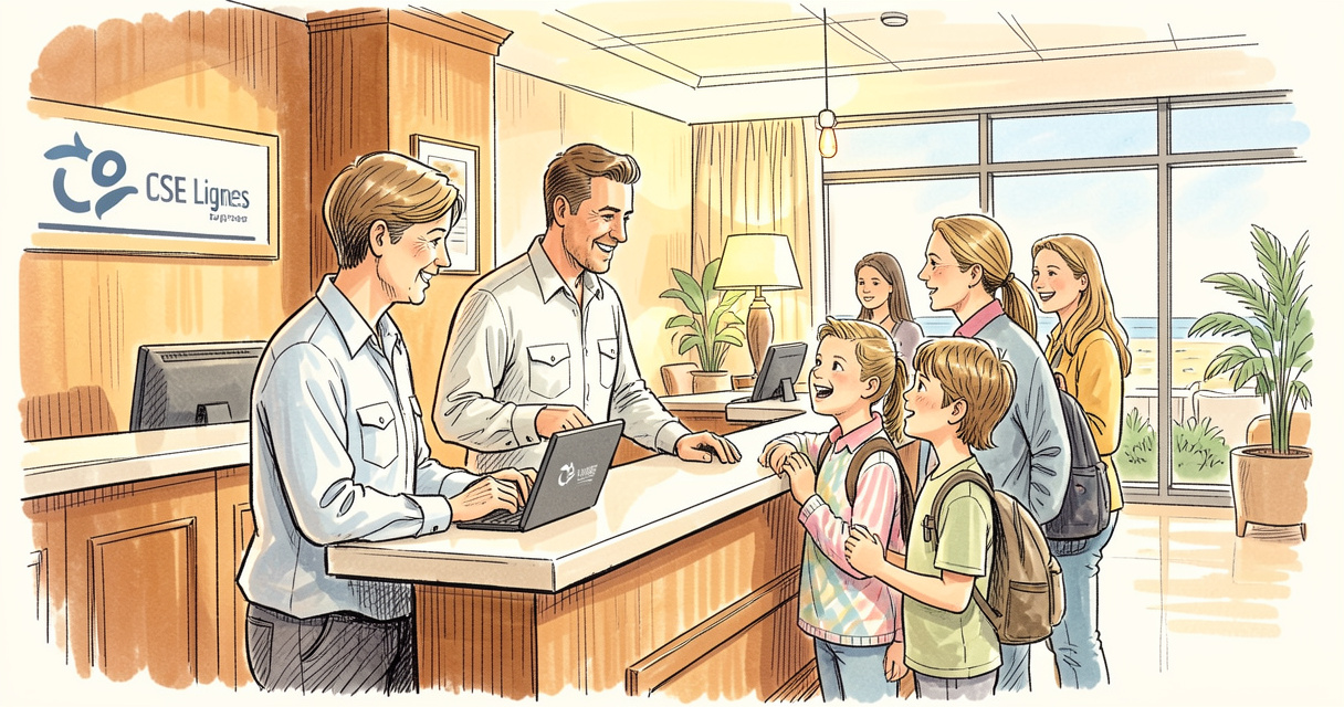 Famille utilisant CSE Lignes pour réserver un hôtel, check-in à la réception