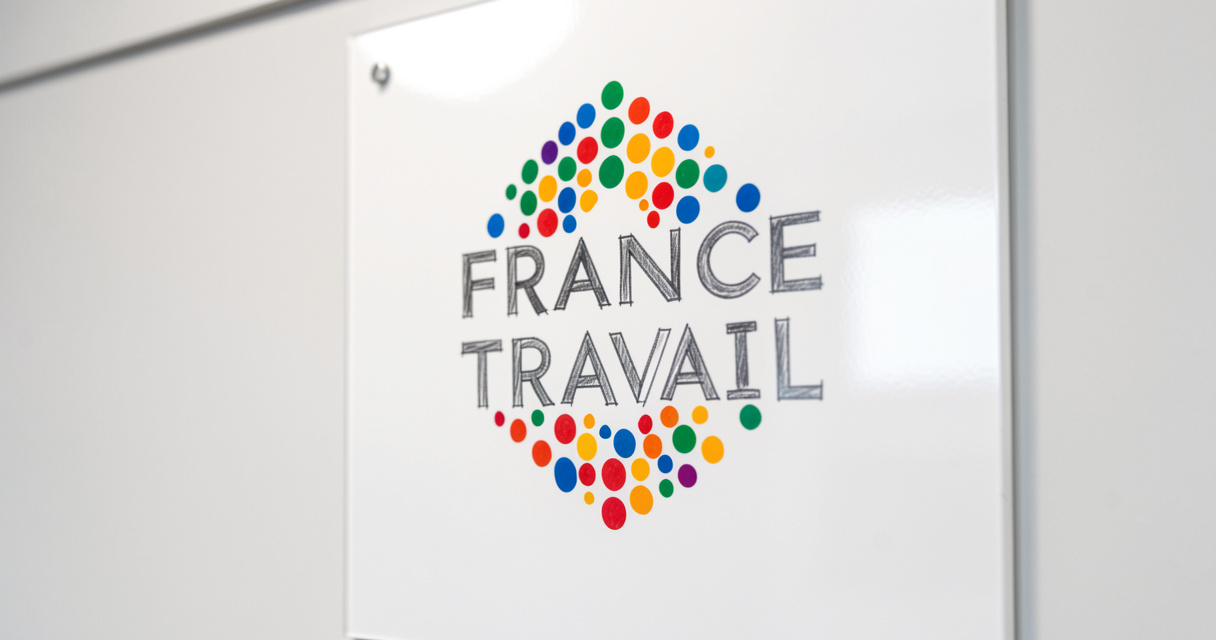 Logo France Travail multicolore en forme d’hexagone sur panneau blanc