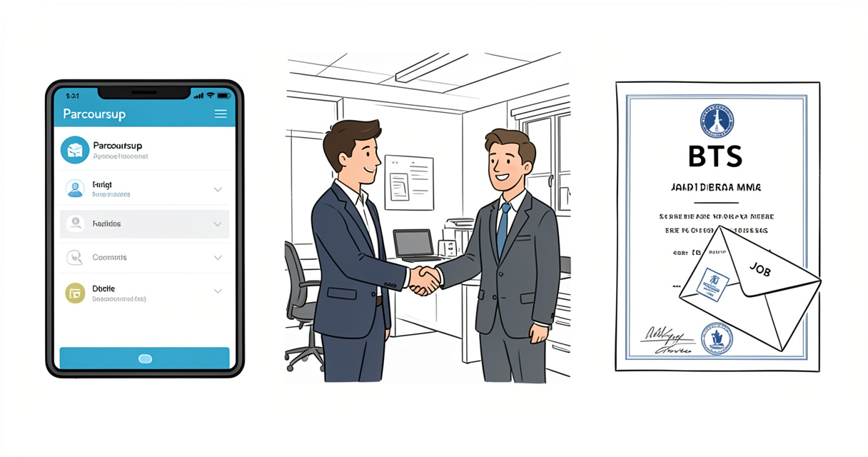 Illustration étapes intégration BTS alternance : inscription Parcoursup, signature contrat, diplôme et offre emploi