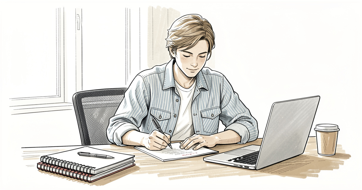 Étudiant rédigeant une lettre de motivation pour alternance à son bureau