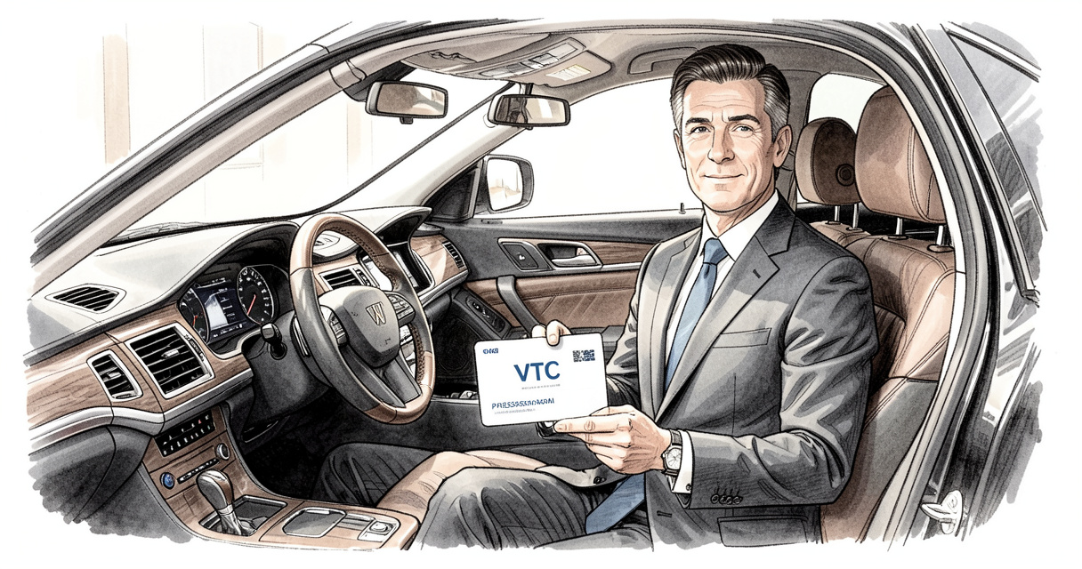 Chauffeur VTC tenant sa carte professionnelle dans une berline moderne, illustration de l'obtention de la carte VTC