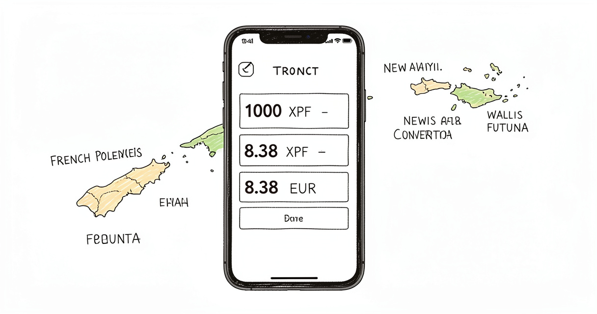 Smartphone avec application de conversion affichant le taux de 1000 XPF égal 8,38 euros, avec carte des territoires fran