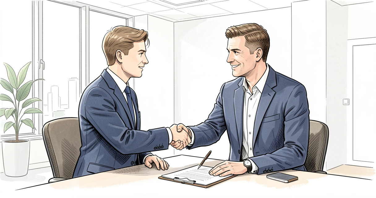 Employeur et apprenti signant une rupture amiable de contrat d'apprentissage dans un bureau