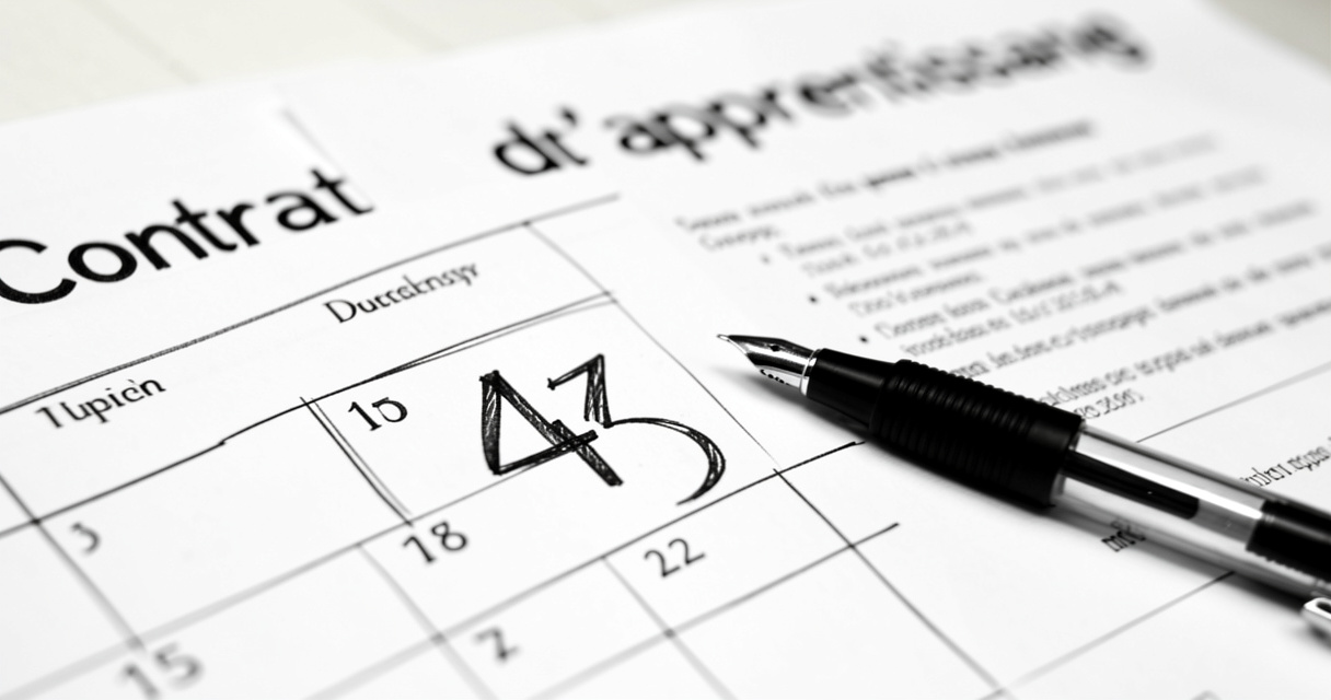 Calendrier indiquant le jour 45 de la période probatoire d'un contrat d'apprentissage avec document