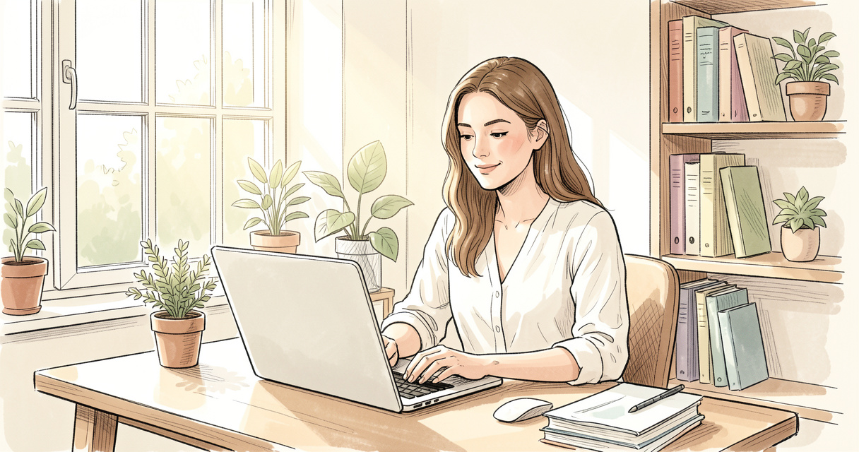 Femme travaillant à temps partiel sur un ordinateur portable dans un bureau à domicile lumineux