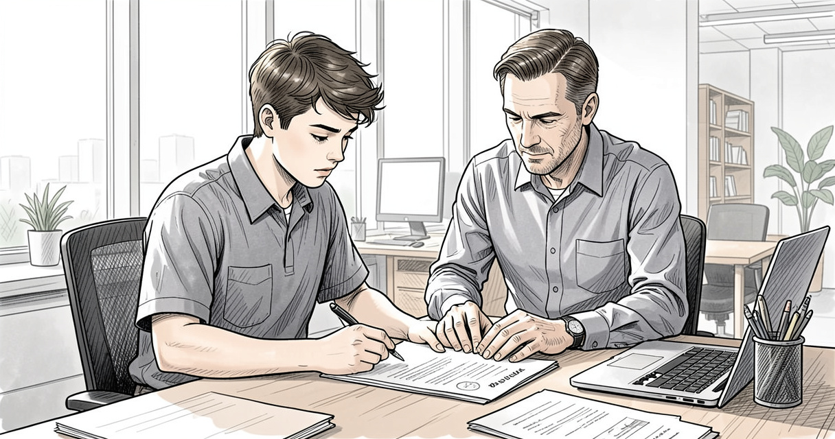 Jeune alternant et son tuteur consultant une grille de salaire alternance 2026