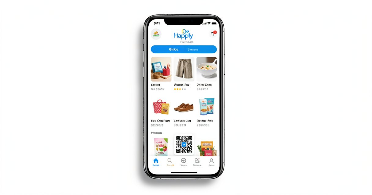 Application Happly sur smartphone affichant le solde de chèques cadeaux et le QR code