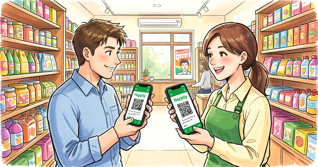 Utilisateurs de l'appli Happly payant avec leur téléphone dans un magasin partenaire