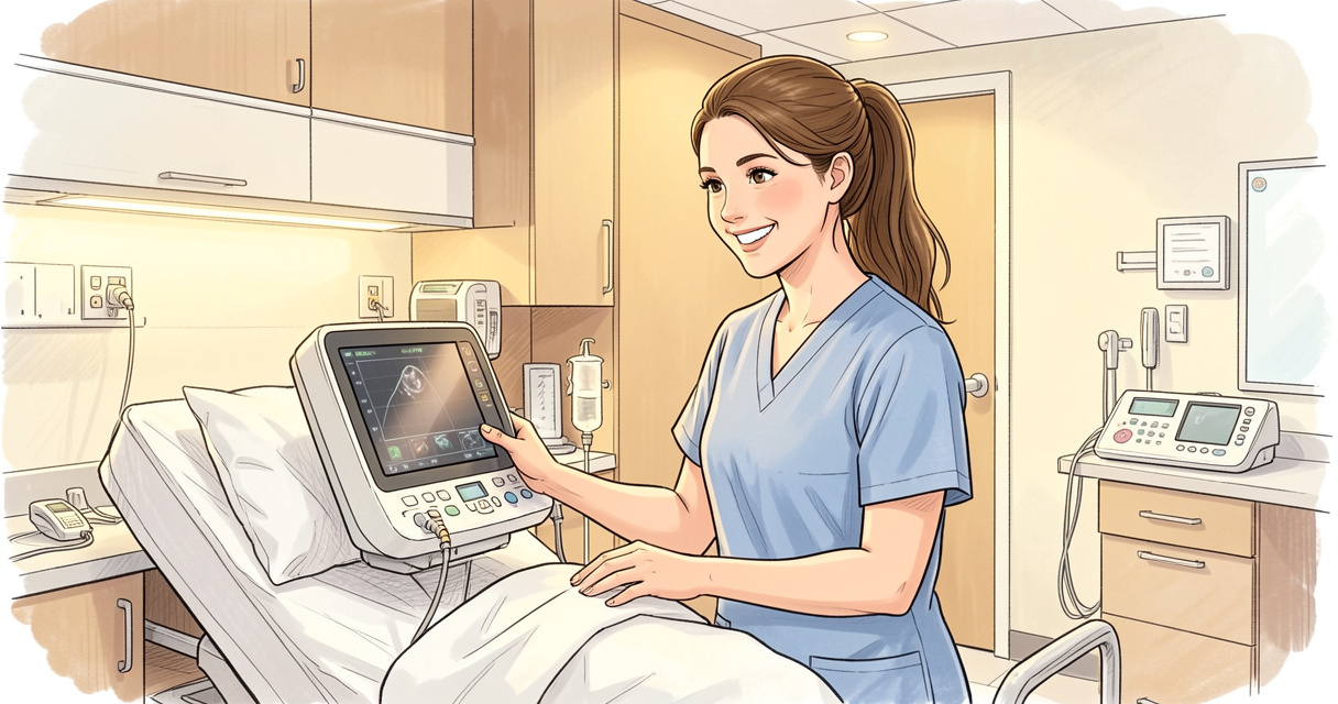 Sage-femme en blouse vérifiant un monitoring dans une salle de naissance, illustration du salaire hospitalier