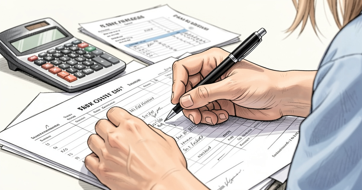 Main de sage-femme écrivant sur un dossier médical avec une calculette, symbolisant la rémunération et les primes