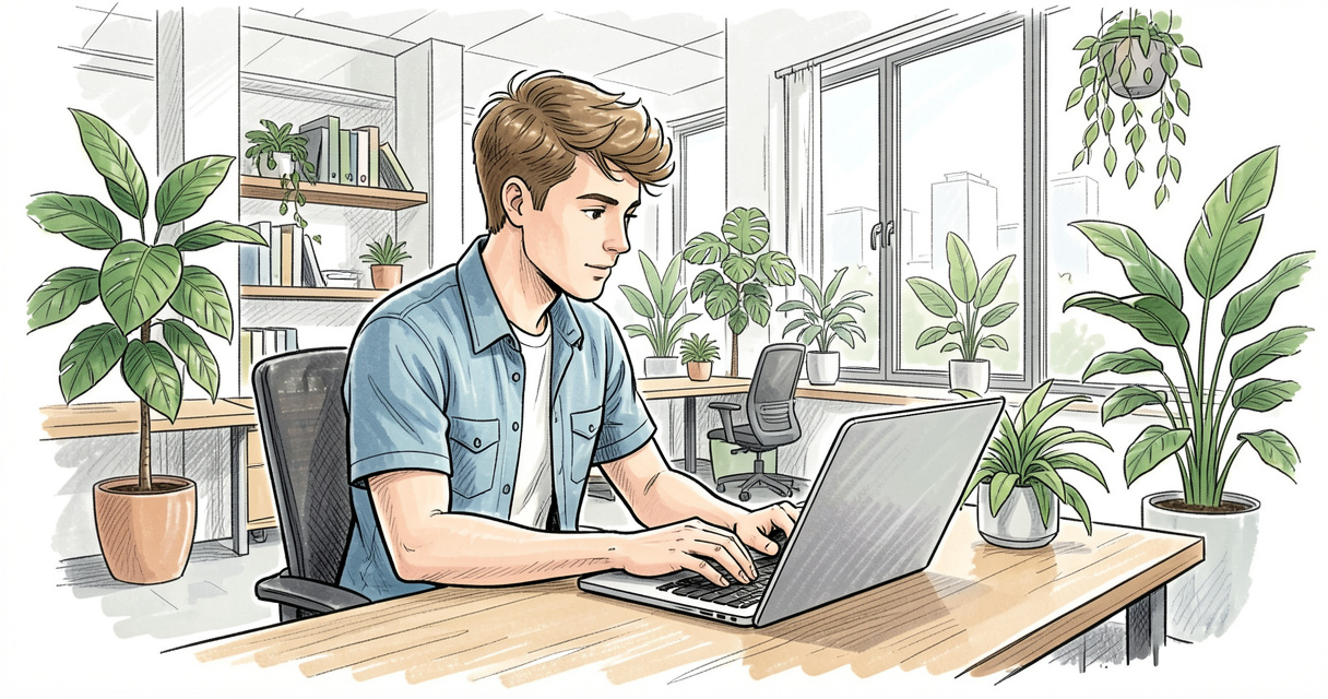 Jeune alternant en master travaillant dans un bureau partagé avec des plantes vertes