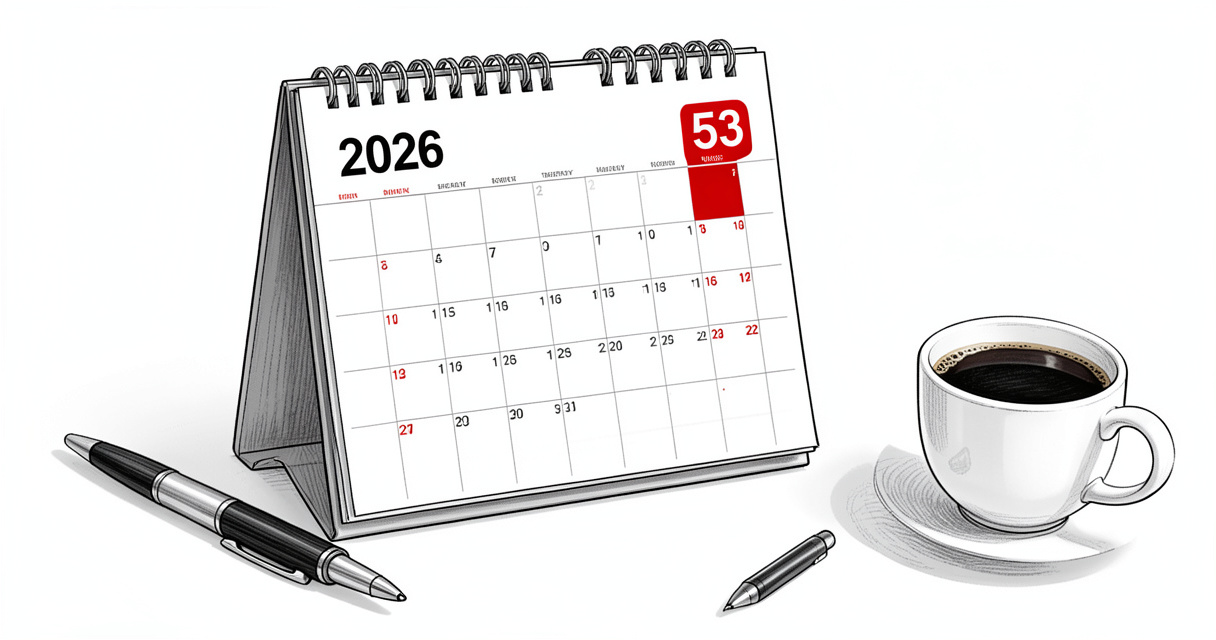 Calendrier 2026 avec la semaine 53 mise en évidence sur un bureau
