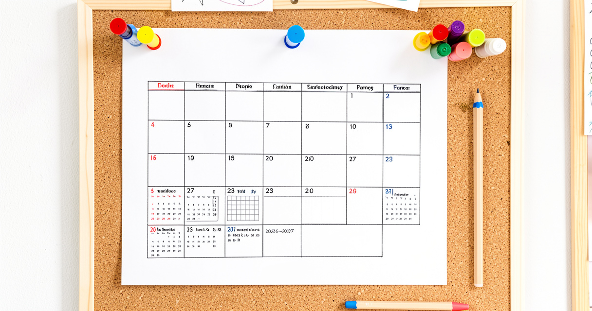 Calendrier scolaire 2026-2027 affiché avec des marqueurs de couleur, montrant les semaines de cours et de vacances