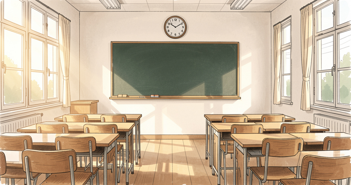 Salle de classe vide avec tableau noir, illustrant le cadre de l'année scolaire française