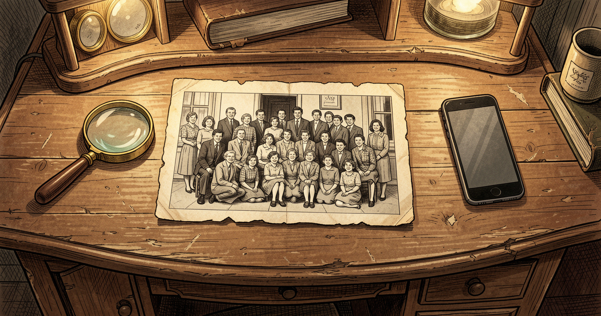 Photographie ancienne de classe et smartphone sur un bureau pour retrouver un instituteur