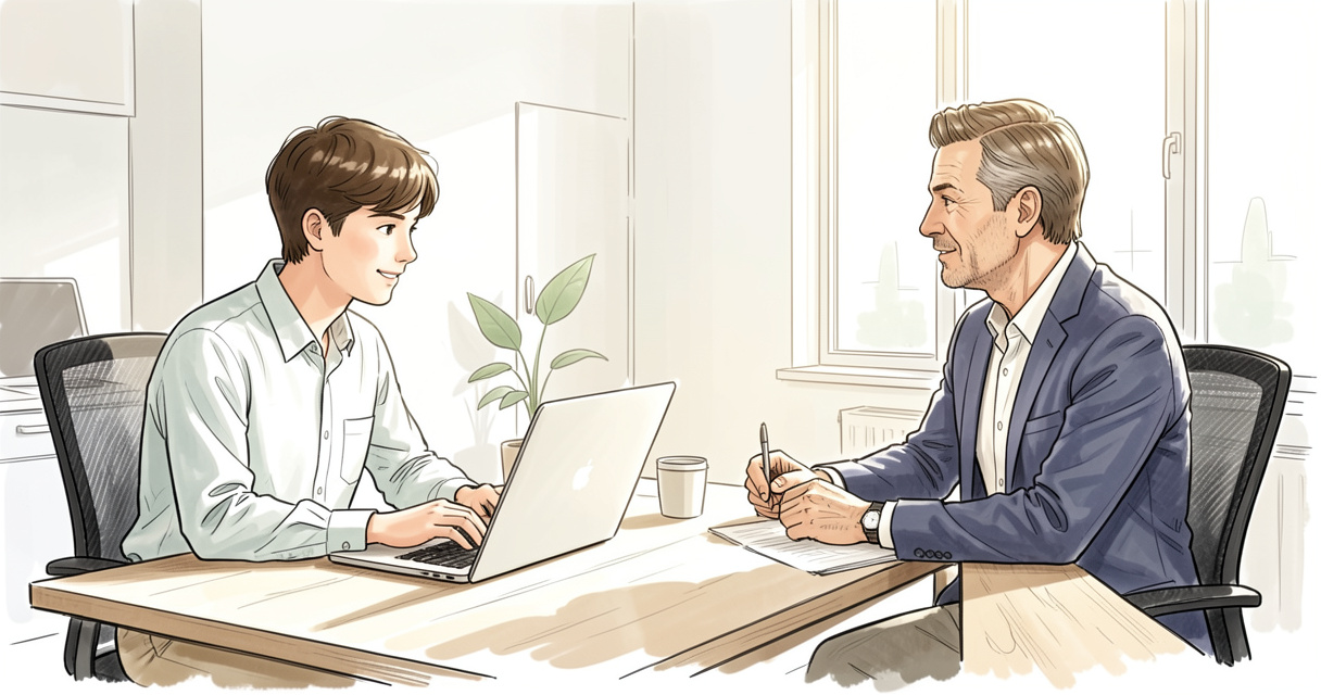 Jeune stagiaire en réunion avec son mentor dans un bureau moderne, collaboration professionnelle