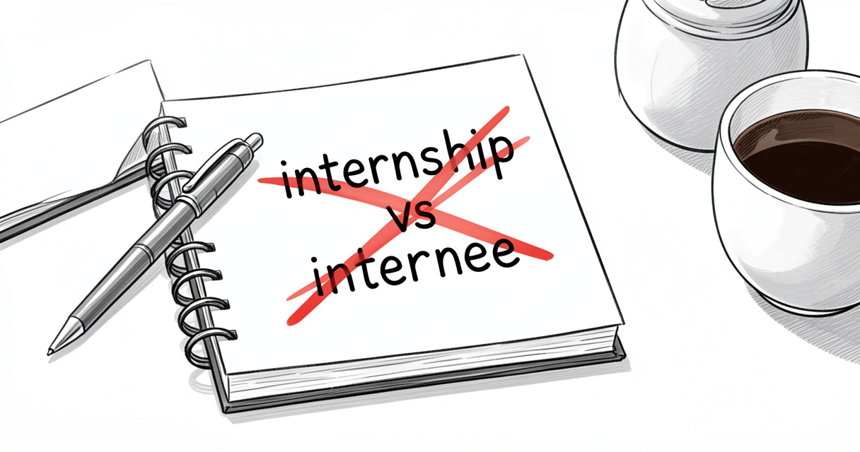 Carnet avec les mots internship et internee barrés, stylo et tasse de café sur un bureau