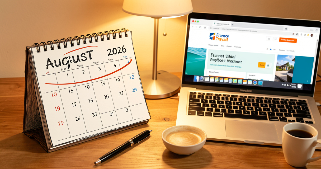 Calendrier mural août 2026 avec date de virement France Travail entourée, près d'un ordinateur.
