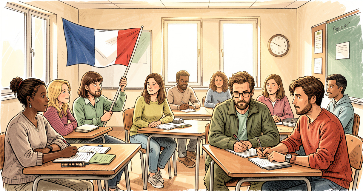 Groupe d'apprenants adultes dans une salle de classe, formation pour sans papiers
