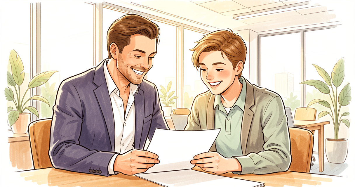 Manager et stagiaire souriant en pleine évaluation de stage dans un bureau moderne