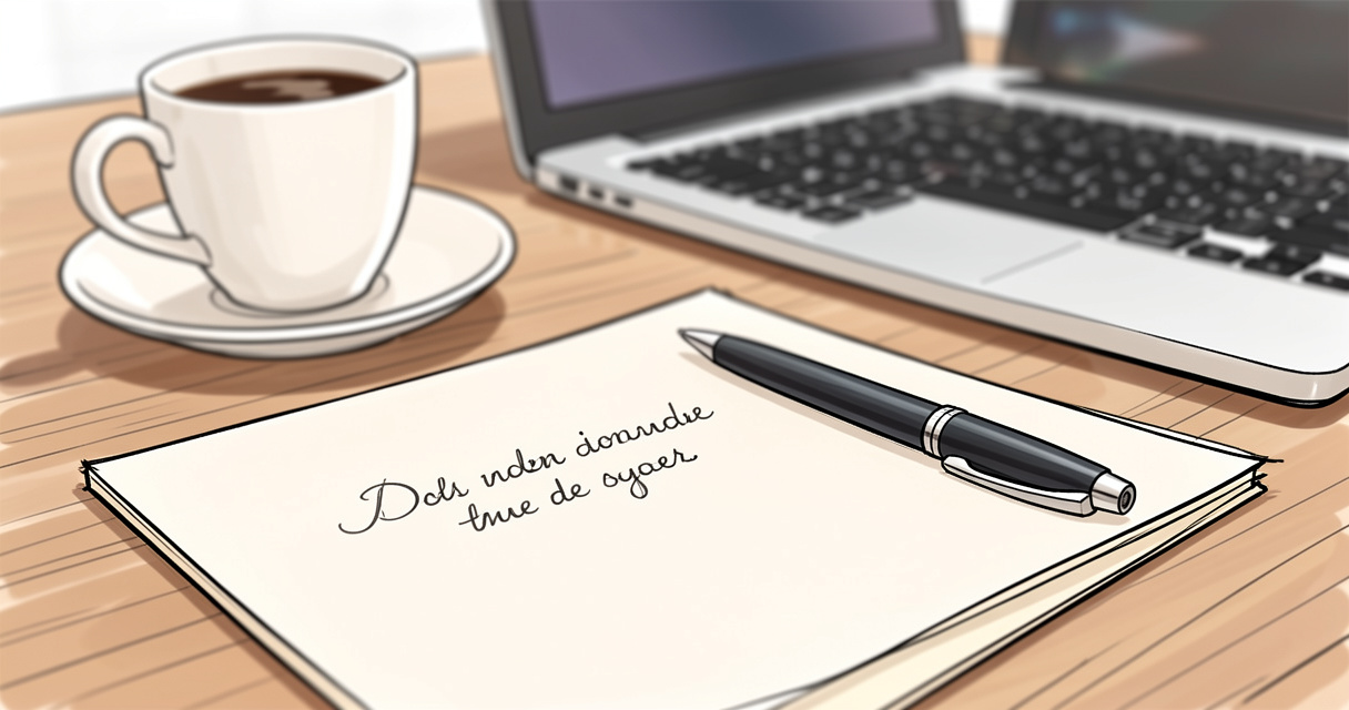 Écriture manuscrite d'une appréciation de stage sur un bureau avec tasse de café et ordinateur