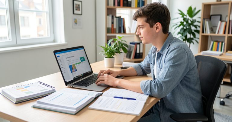 Candidat préparant une candidature en alternance sur son bureau