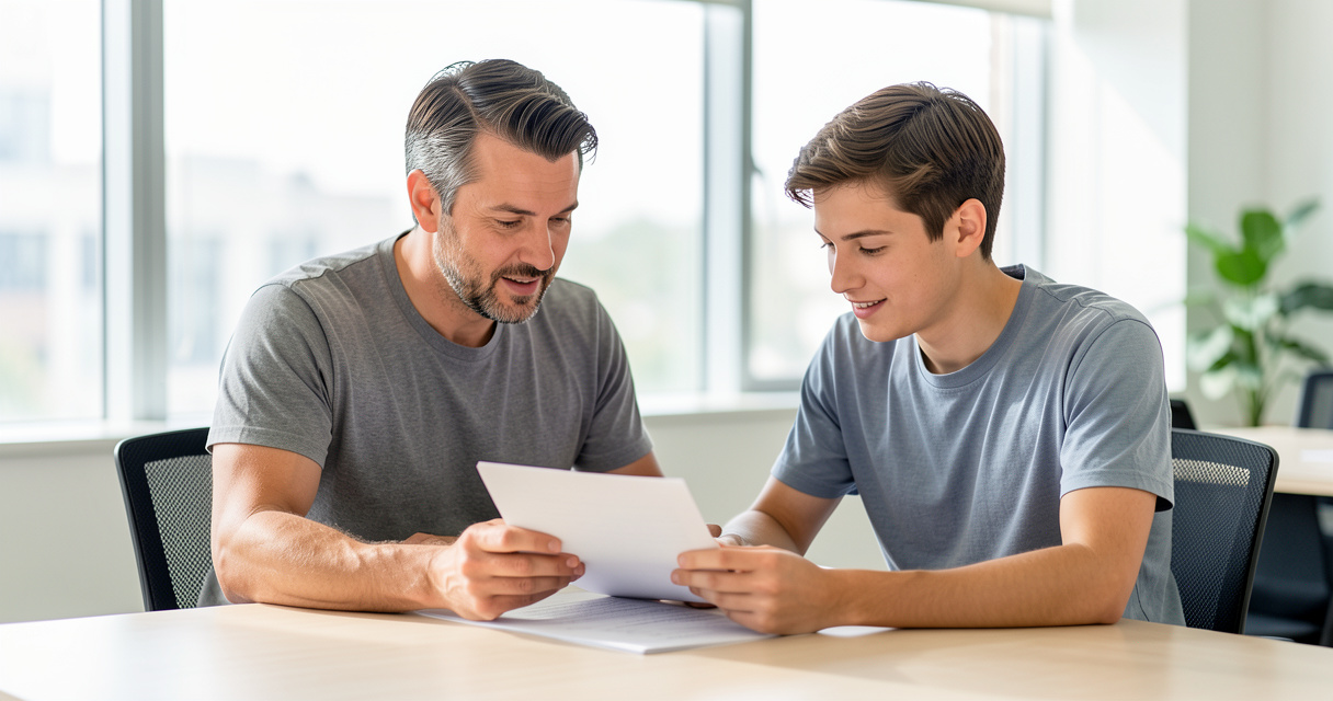 Tuteur et stagiaire examinant une grille d'évaluation stagiaire commentaire en réunion