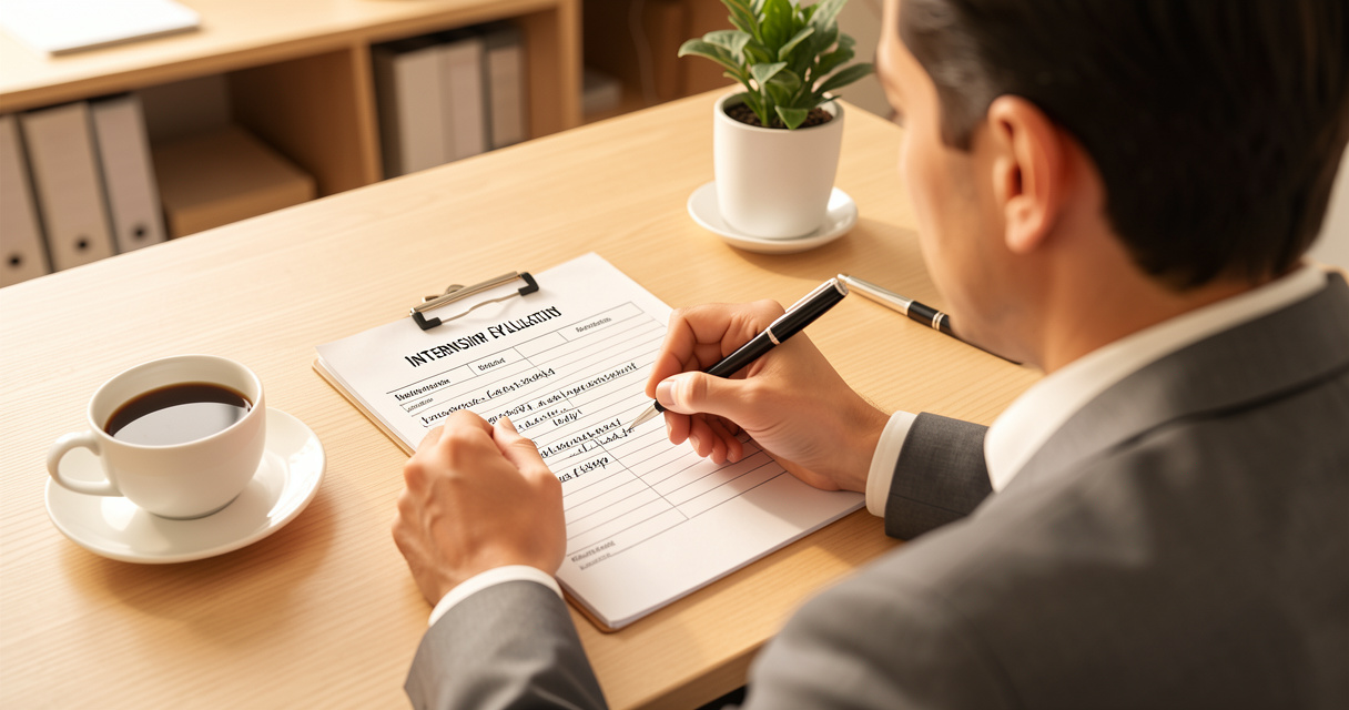 Manager rédigeant un commentaire d'évaluation stagiaire sur un formulaire au bureau
