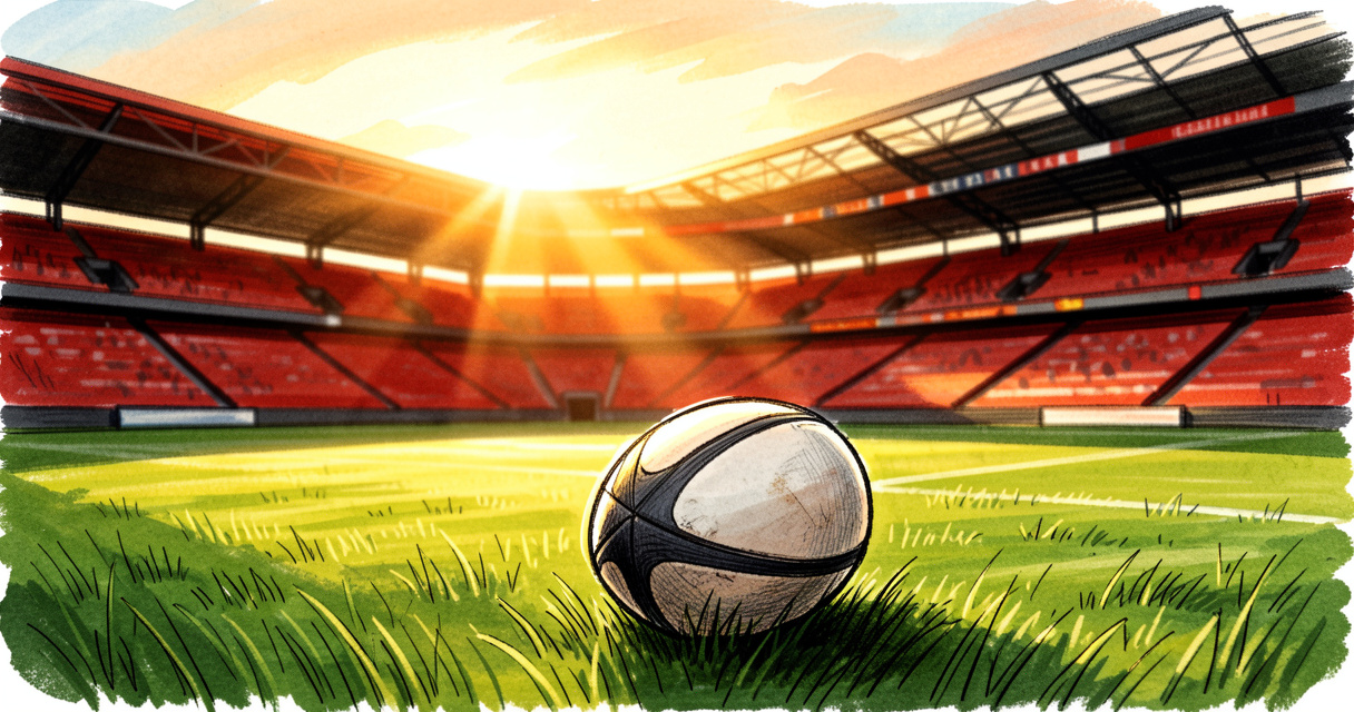 Salaire Antoine Dupont : ballon de rugby dans un stade au coucher de soleil