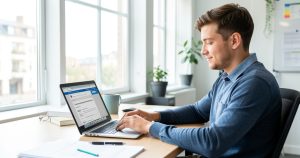 Un étudiant devant son ordinateur préparant un mail de relance pour sa recherche d'alternance