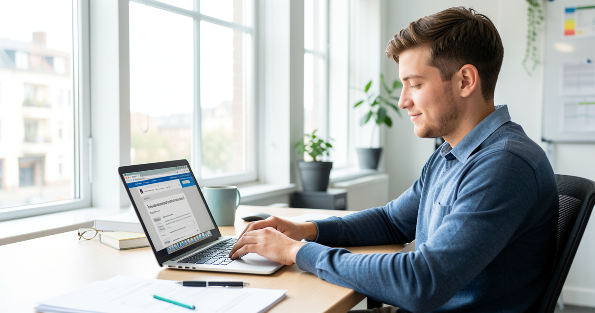 Un étudiant devant son ordinateur préparant un mail de relance pour sa recherche d'alternance