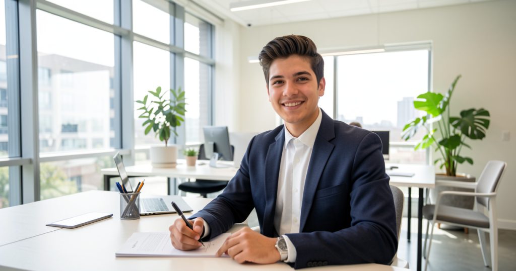 Candidat en entretien d'embauche pour une recherche d'alternance dans une entreprise moderne