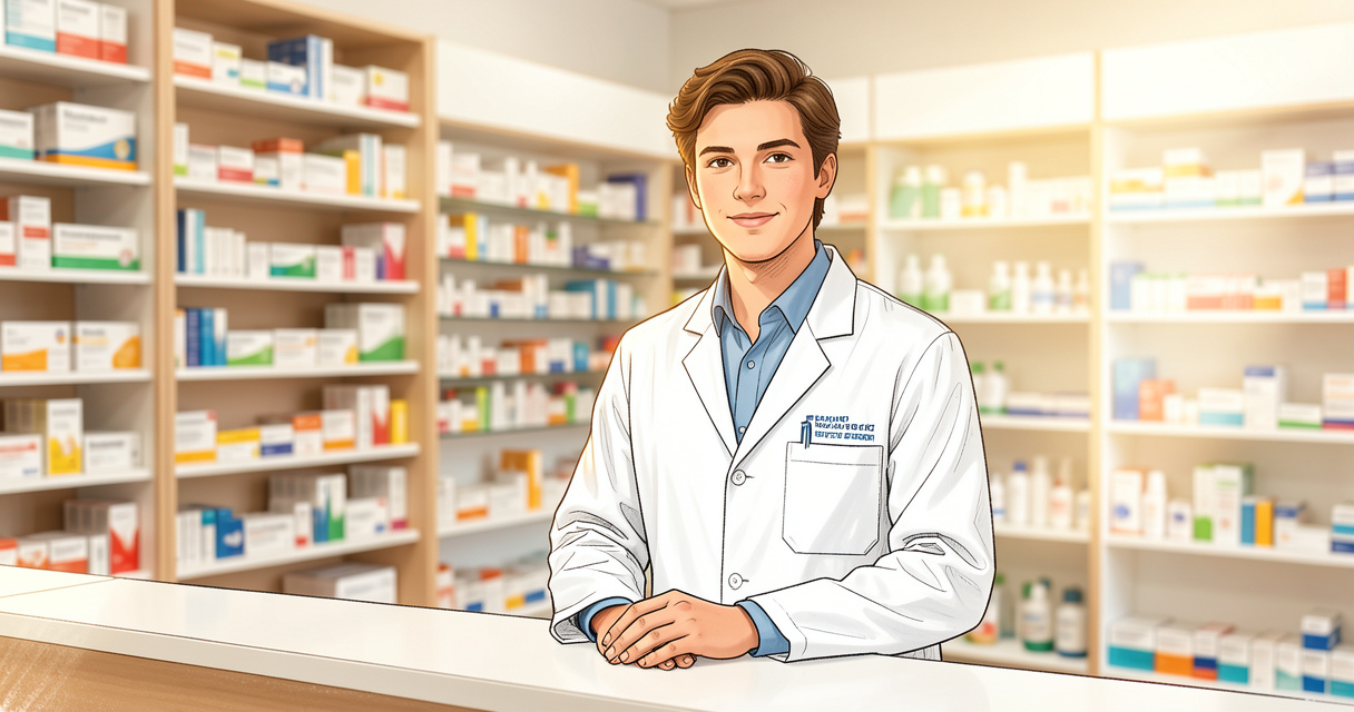 Docteur en pharmacie en officine conseillant un patient au comptoir