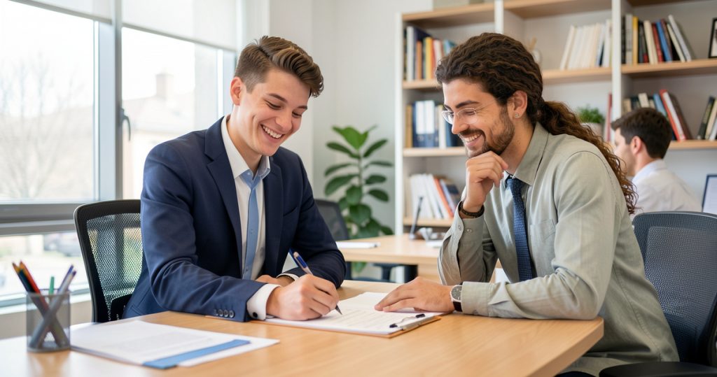 Étudiant signant un contrat d'alternance dans un bureau d'entreprise moderne