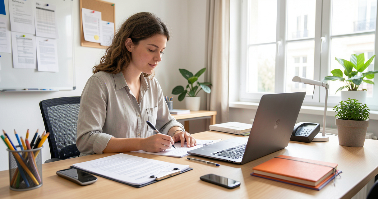 Étudiante préparant une lettre de motivation et un CV pour une alternance